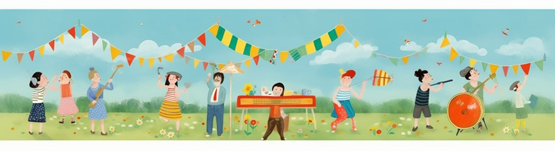 欢庆六一孩子们在户外游玩庆祝节日演奏音乐,插画/手绘图,插画/手绘图库,插画/手绘图下载,插画/手绘